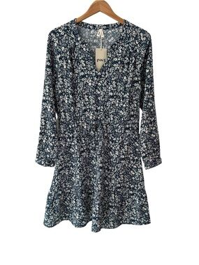 Pact Cafe crepe tiered dress S may fit M teal off white floral woven cotton NWT